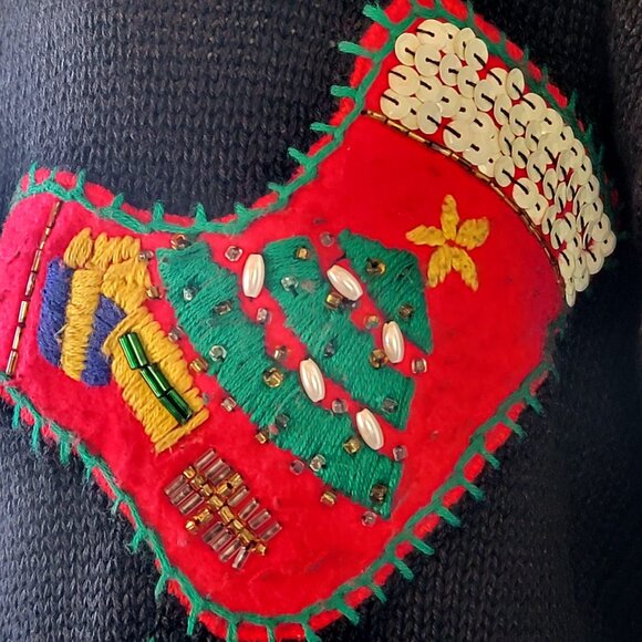 Vintage Christmas Cardigan Sweater With Embroidered Stockings & Holly - Picture 16 of 16
